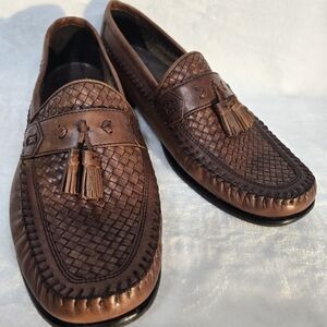 NUNN BUSH Sz 10.5M Brown Leather Loafers Weave with Tassels